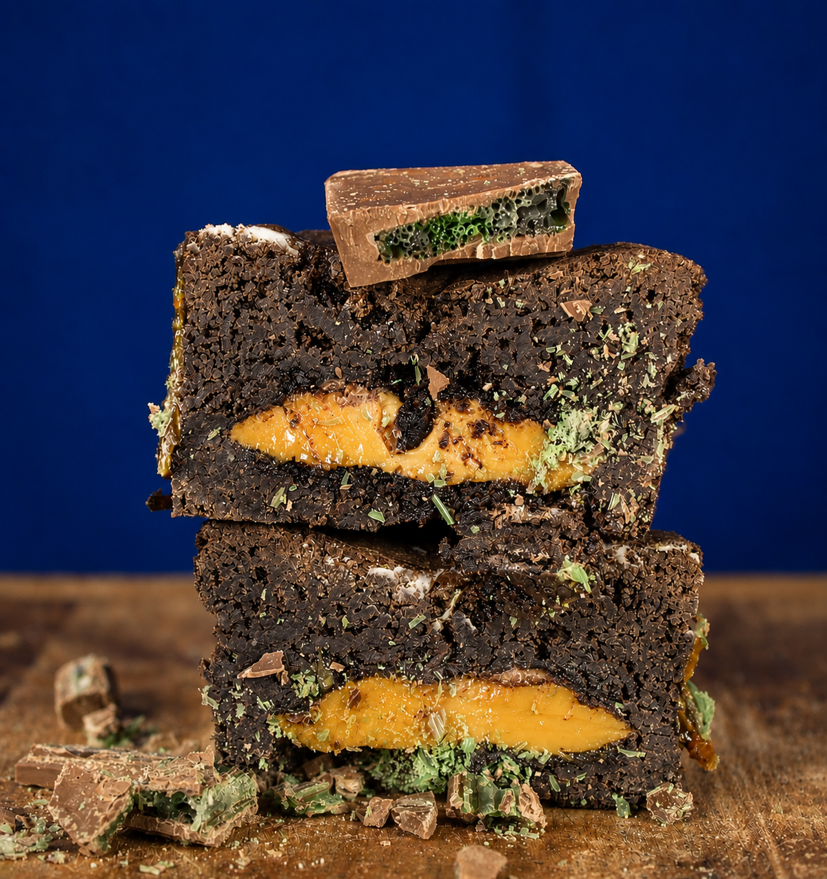 Peppermint Crisp stuffed brownie cross-section stacked showing peppermint caramel centre | Dough Couture