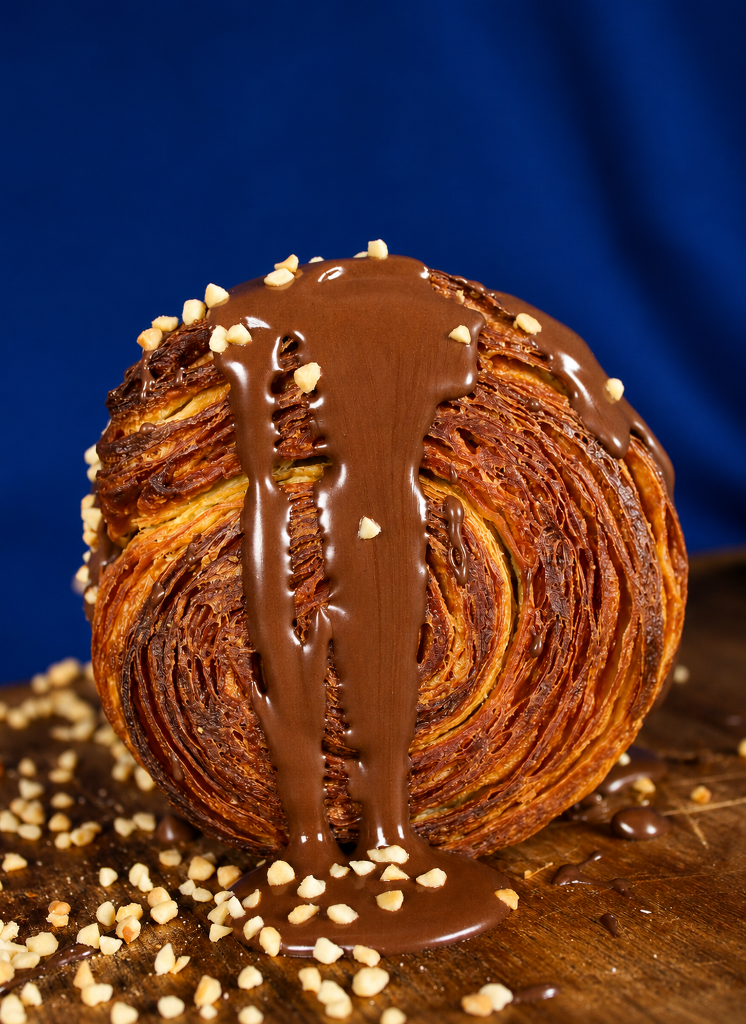 Nutella filled circular croissant with rich chocolate drizzle on wooden board | Dough Couture