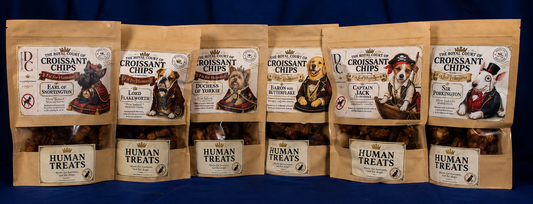 Six Royal Croissant Chips Human Treats 200g bags featuring collectible dog breed designs | Dough Couture